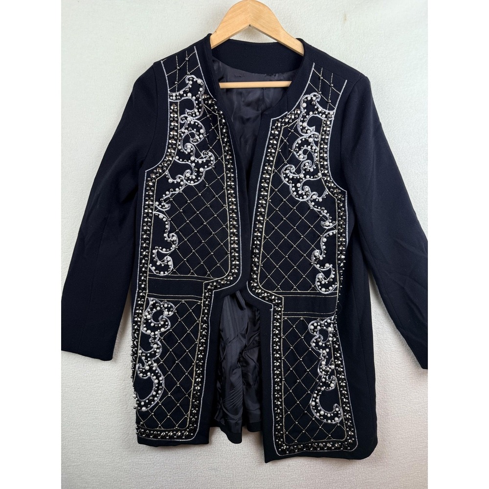 Womens Black Embellished Open Front Blazer Faux Pearl Studded Jacket Size 4